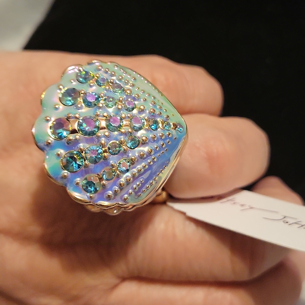 Betsey Johnson Iridescent Shell With Pearl Adjustable Ring Bnwt Ta